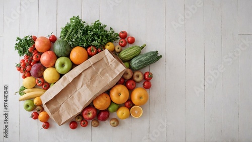 A paper bag with fruits and vegetable on the white wooden table, fruit and vegetable basket background image.