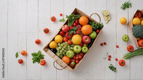 A paper bag with fruits and vegetable on the white wooden table, fruit and vegetable basket background image.