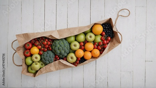 A paper bag with fruits and vegetable on the white wooden table, fruit and vegetable basket background image.