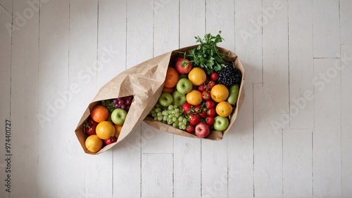 A paper bag with fruits and vegetable on the white wooden table, fruit and vegetable basket background image.
