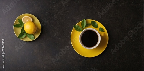 A Lemon yellow coffee Cup and plate on the dark color background.