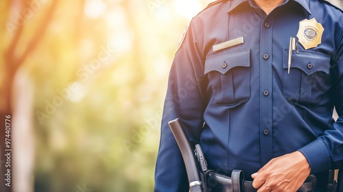 Police officer in uniform standing firmly with determined expression, holding law enforcement baton and badge, symbolizing authoritative presence and enforcement action. photo