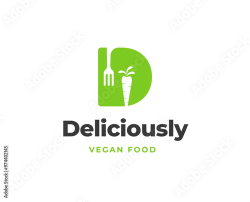 Initial Letter D with Fork and Carrot Icon for Organic Restaurant Logo Design Vector Illustration