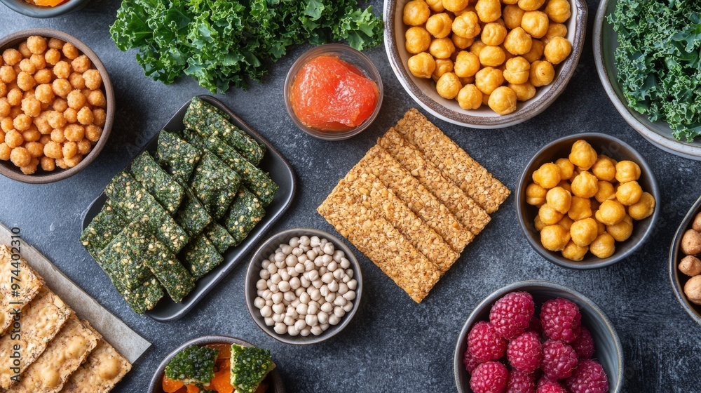 A Flat Lay Composition Featuring an Array of Plant-Based Protein Snacks, Including Crispy Kale Chips, Crunchy Chickpea Puffs, and Fruit-Filled Bars, Displayed in Bowls and on a Slate Surface. A Flat Lay Composition Featuring an Array of Plant-Based Protein Snacks, Including Crispy Kale Chips, Crunchy Chickpea Puffs, and Fruit-Filled Bars, Displayed in Bowls and on a Slate Surface.