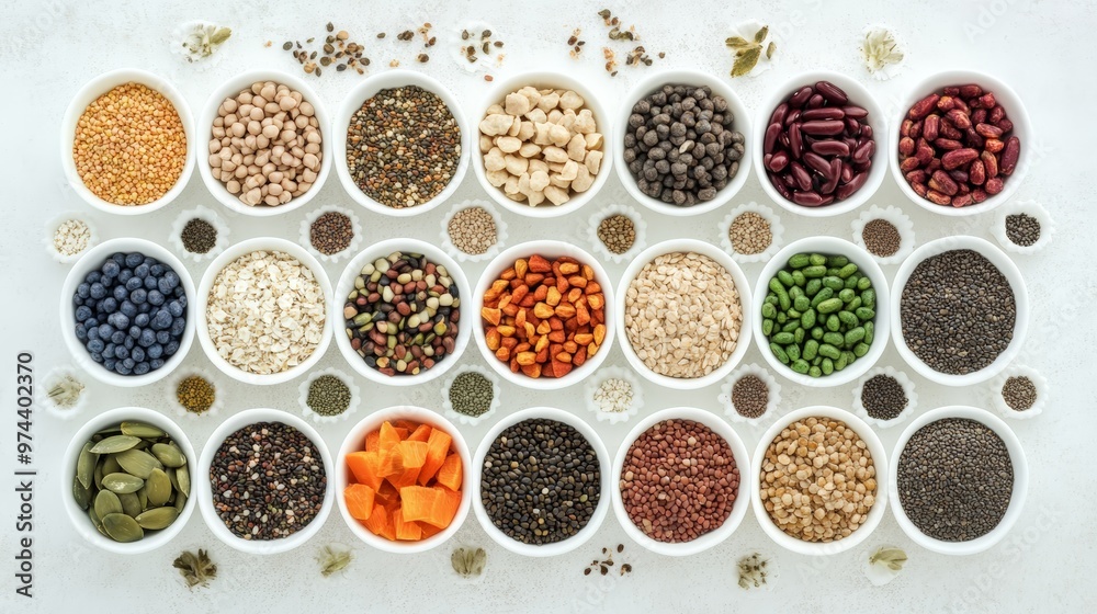 A Stunning Visual Guide to Organic Plant Protein Foods, Featuring an Array of Nutritious Options in White Bowls A Stunning Visual Guide to Organic Plant Protein Foods, Featuring an Array of Nutritious Options in White Bowls
