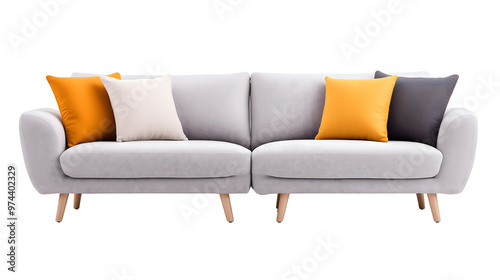 Modern gray fabric sofa with colorful throw pillows, isolated on white background, contemporary living room furniture, home decor
