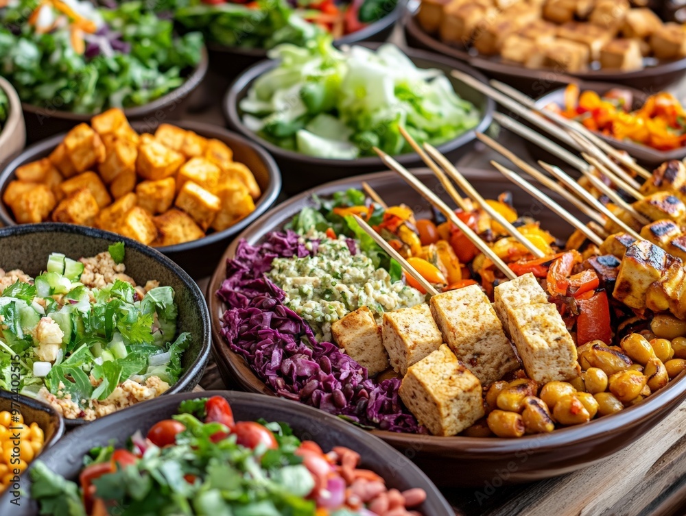 A Vibrant Vegan Buffet Featuring Tofu Skewers, Legume Dishes, and Fresh Salads A Vibrant Vegan Buffet Featuring Tofu Skewers, Legume Dishes, and Fresh Salads
