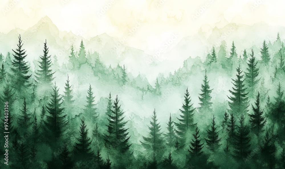 Fototapeta premium Lush Green Forest Shrouded in Mist at Dawn With Distant Mountains in the Background