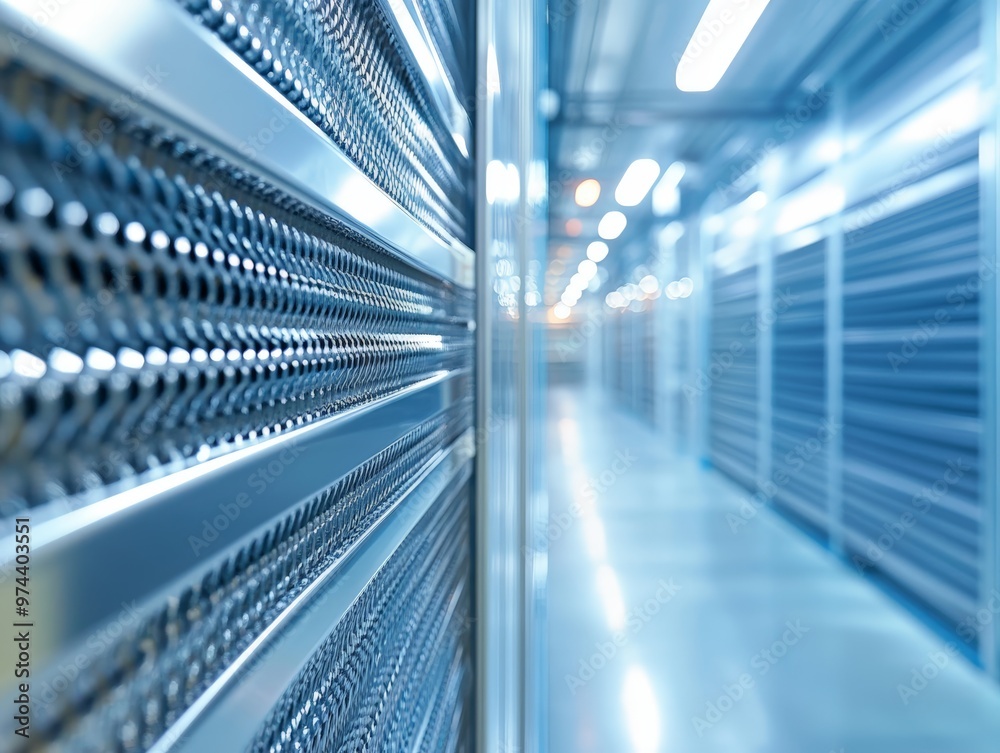 Obraz premium Close-Up of Modern Food Storage Facility Equipment, Highlighting Efficiency and Technology, with a Focus on Metallic Grating and a Blurred Background of a Spacious Interior