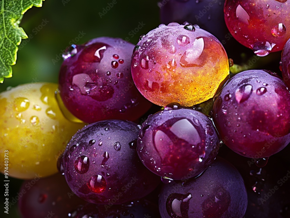 Closeup of Vibrant Grapes Covered in Pearlescent Water Droplets, Exposing Deep Colors and Rich Texture. Closeup of Vibrant Grapes Covered in Pearlescent Water Droplets, Exposing Deep Colors and Rich Texture.
