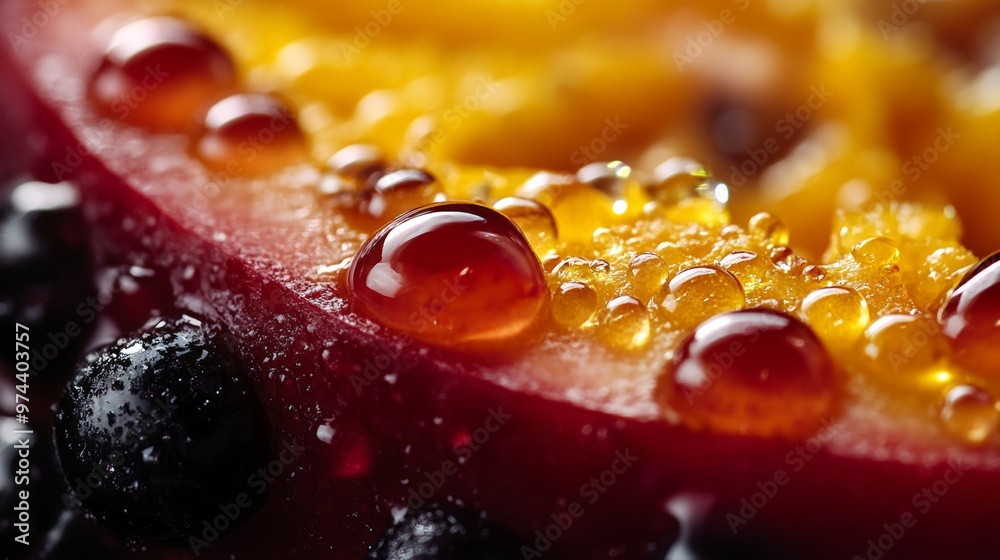 Close-up of Water Droplets on a Cut Fruit, Revealing Vibrant Colors and Textured Details Close-up of Water Droplets on a Cut Fruit, Revealing Vibrant Colors and Textured Details