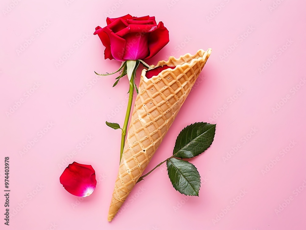 Ice cream cone with red rose on pink background. Top view. Ice cream cone with red rose on pink background. Top view.