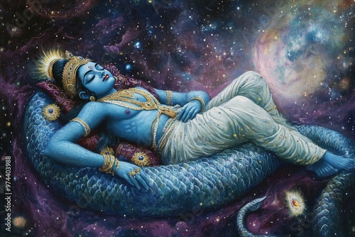 Vishnu resting on the cosmic serpent Sheshanaga, with the universe around him photo