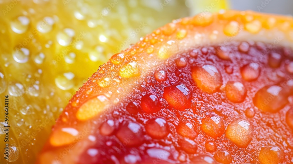 Dewy Close-up of Vibrant Red Orange Slice with Blurred Yellow Background Dewy Close-up of Vibrant Red Orange Slice with Blurred Yellow Background