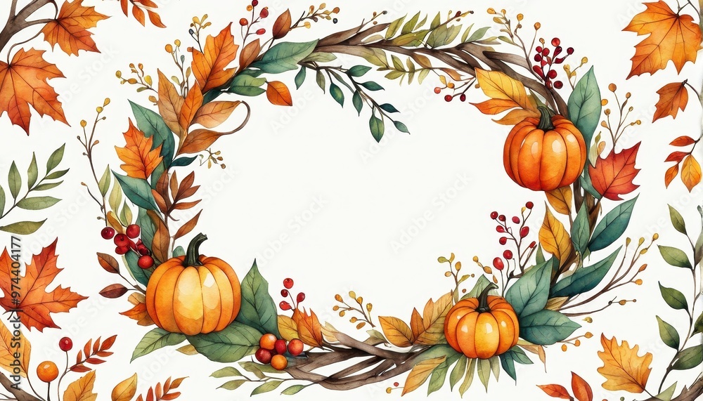 A decorative autumn wreath featuring pumpkins, leaves, and berries, perfect for seasonal themes. A decorative autumn wreath featuring pumpkins, leaves, and berries, perfect for seasonal themes.