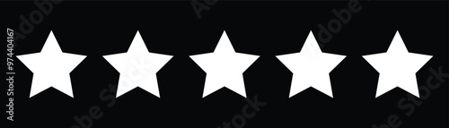 Five stars icon vector. Five stars customer product rating review flat icon for apps and websites, quality rating symbols. Five white stars for review, rating and rank isolated on black background.