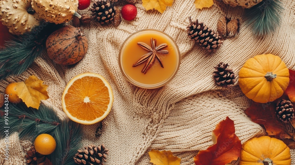 Autumn Still Life with Pumpkins, Spices, and Leaves