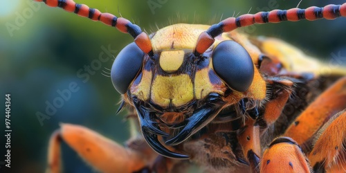 Macro close-up of a bug’s head with detailed compound eyes and sharp mandibles photo