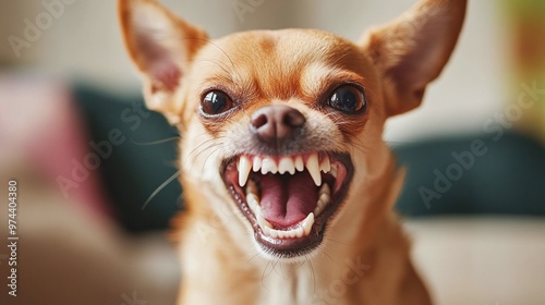 close-up of a small dog showing its teeth in a moment of disagreement, revealing its feisty nature and assertive attitude