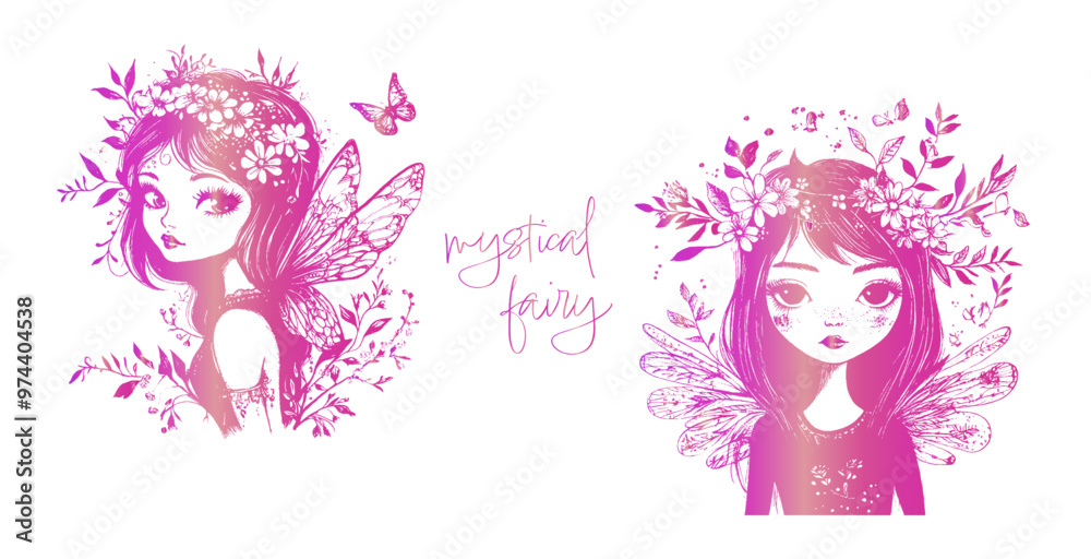 Fantasy characters for magical designs. Silhouettes of little fairy girls surrounded by butterflies and plants illustrations. Magical Fairies - Various grasses and plants for magical fairy kingdoms. Fantasy characters for magical designs. Silhouettes of little fairy girls surrounded by butterflies and plants illustrations. Magical Fairies - Various grasses and plants for magical fairy kingdoms.