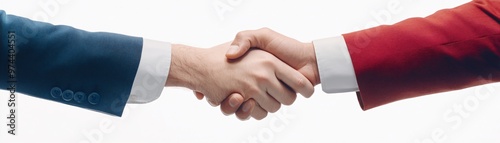 Two businesspeople shaking hands with a mediator standing between them, mediation, conflict resolution in negotiation.