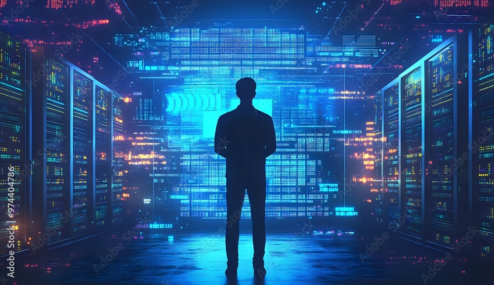 A lone figure stands in a dark room, surrounded by glowing server racks and digital displays. A lone figure stands in a dark room, surrounded by glowing server racks and digital displays.