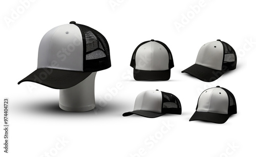 White and black baseball cap mockup set. PNG file of isolated cutout object with a transparent background. 