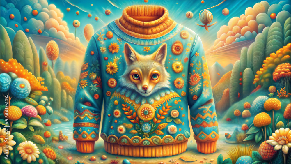 Cozy sweater illustration adorned with floral patterns and a fox motif in a colorful landscape Cozy sweater illustration adorned with floral patterns and a fox motif in a colorful landscape
