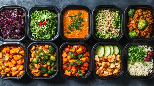 Vegan Meal Prep Containers with High Protein Dishes, Featuring Colorful Ingredients Like Broccoli, Quinoa, and Chickpeas photo