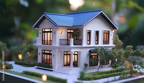 Architectural model of a two-story house with a blue roof, surrounded by greenery and lit with warm lights.