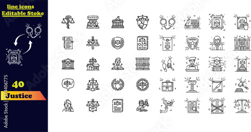 Editable stroke icon set for justice, featuring icons related to law, courts, legal matters, lawyers, briefcases, judgments, authority, criminals, and prisons.