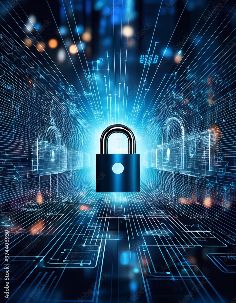 Cybersecurity technology background with depth of field featuring padlocks and encrypted data Cybersecurity technology background with depth of field featuring padlocks and encrypted data