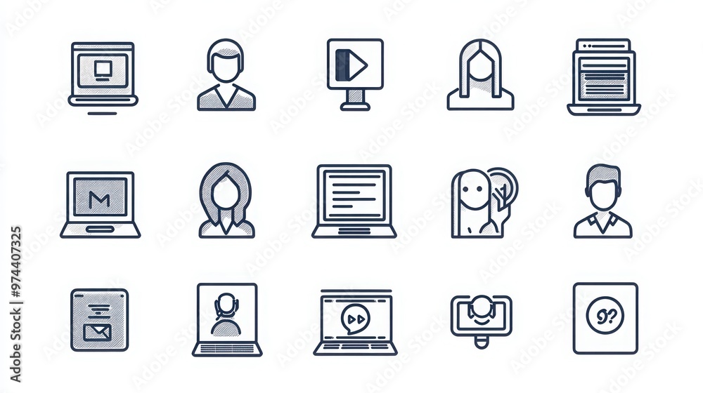 Online Networking thin line icon set. Containing video call, webinar, email outreach, social media, LinkedIn profile, virtual meeting, business forum, online community Online Networking thin line icon set. Containing video call, webinar, email outreach, social media, LinkedIn profile, virtual meeting, business forum, online community