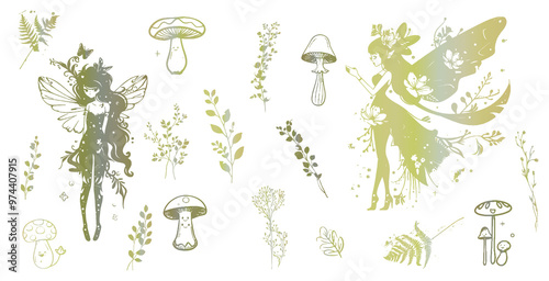 Magical Fairies - Silhouettes of little fairy girls surrounded by butterflies and plants illustrations. Various grasses and plants for magical fairy kingdoms. Fantasy characters for magical designs.