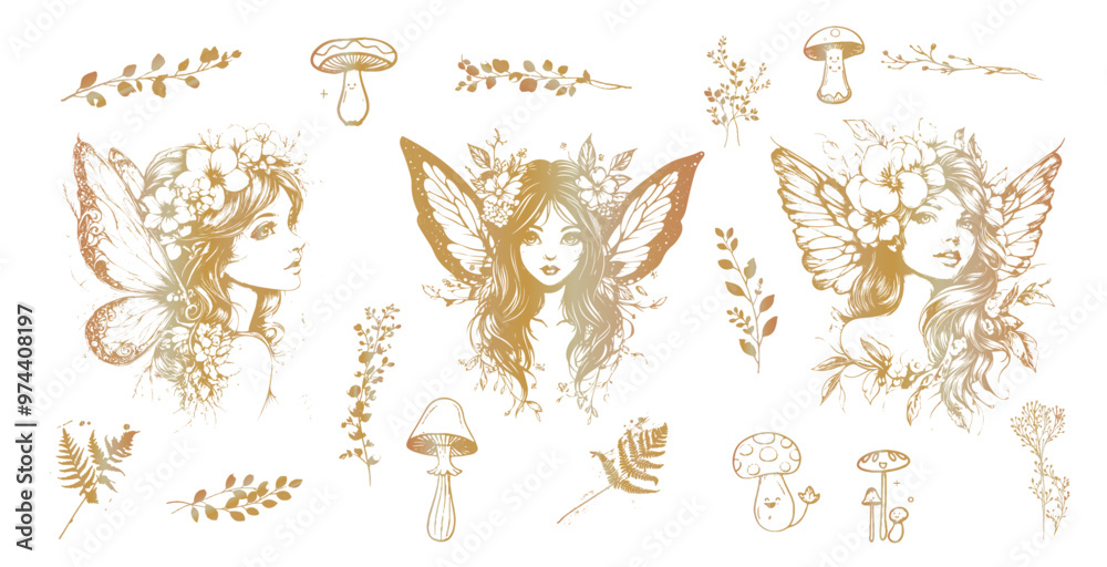 Obraz premium Magical Fairies - Silhouettes of little fairy girls surrounded by butterflies and plants illustrations. Various grasses and plants for magical fairy kingdoms. Fantasy characters for magical designs.