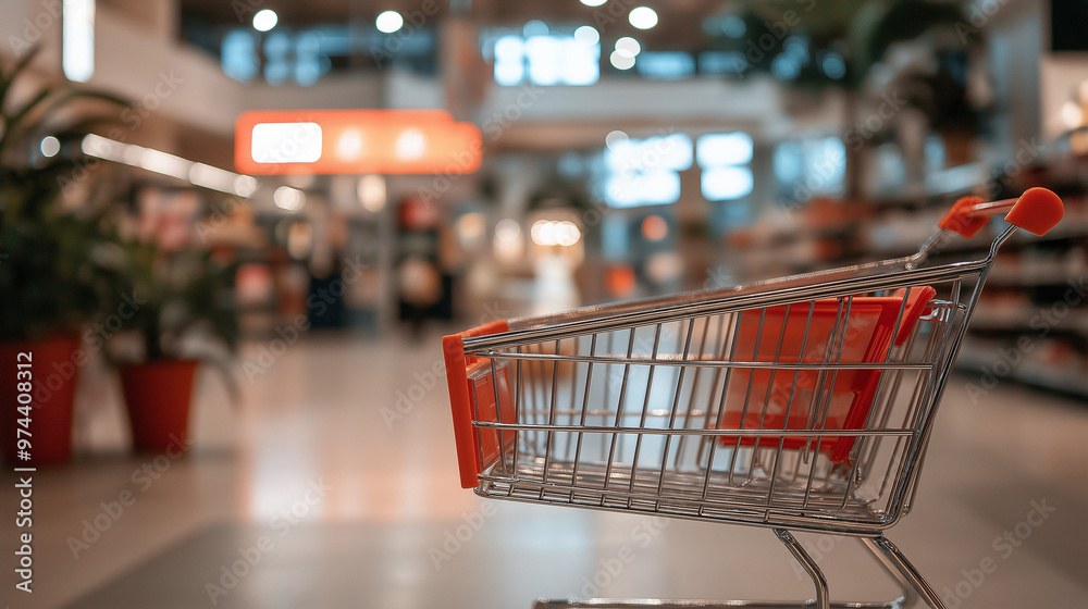 Empty shopping cart in a modern supermarket with copy space Empty shopping cart in a modern supermarket with copy space
