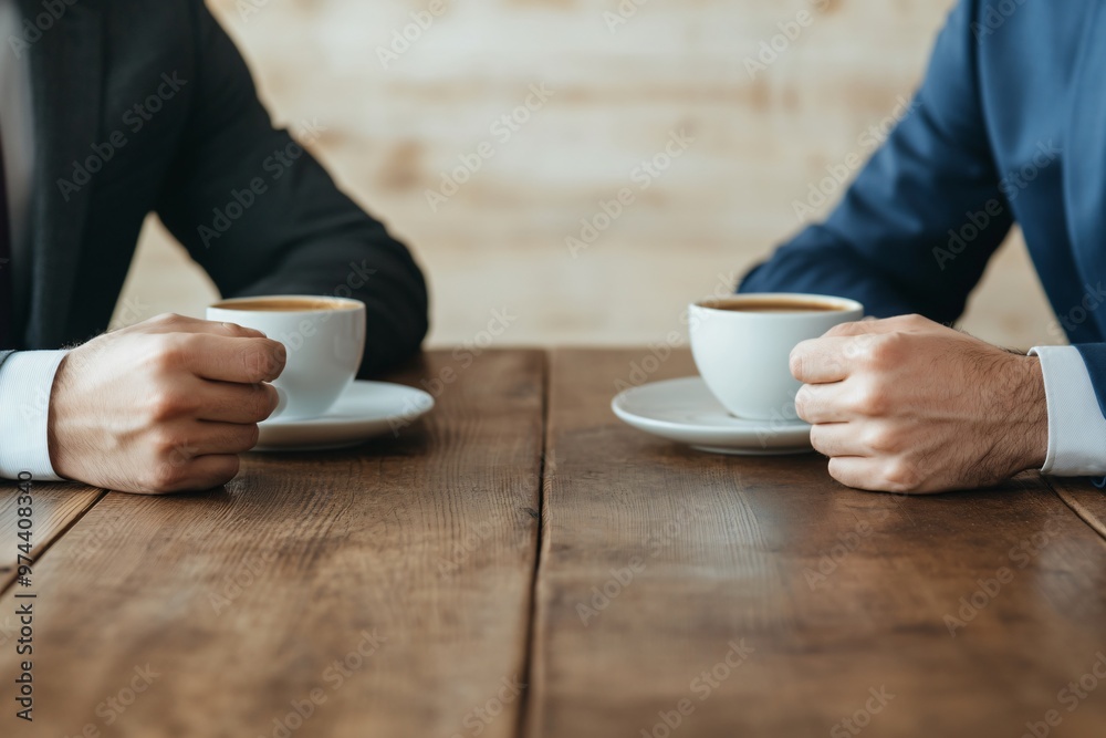 Two businesspeople negotiating over a cup of coffee in a casual setting, informal negotiation, friendly business discussion. Two businesspeople negotiating over a cup of coffee in a casual setting, informal negotiation, friendly business discussion.