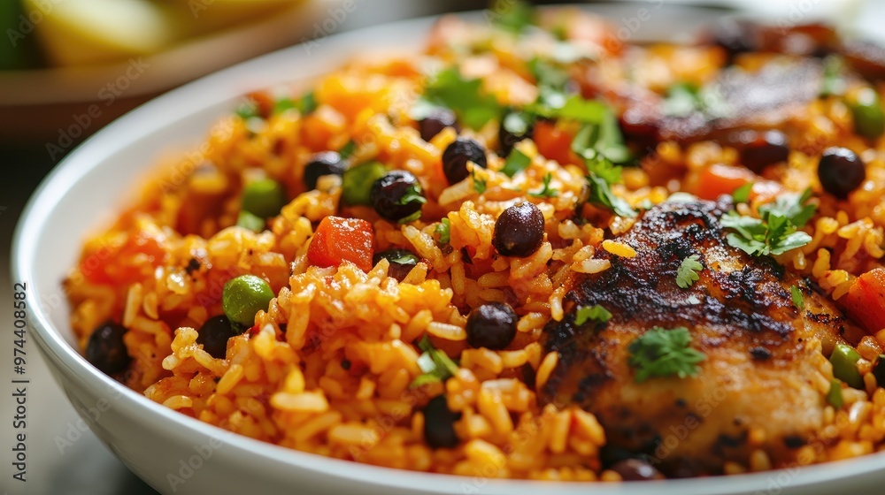 Close-up of arroz con gandules, with pigeon peas and flavorful rice, plated beautifully with room for a message in the background. Close-up of arroz con gandules, with pigeon peas and flavorful rice, plated beautifully with room for a message in the background.