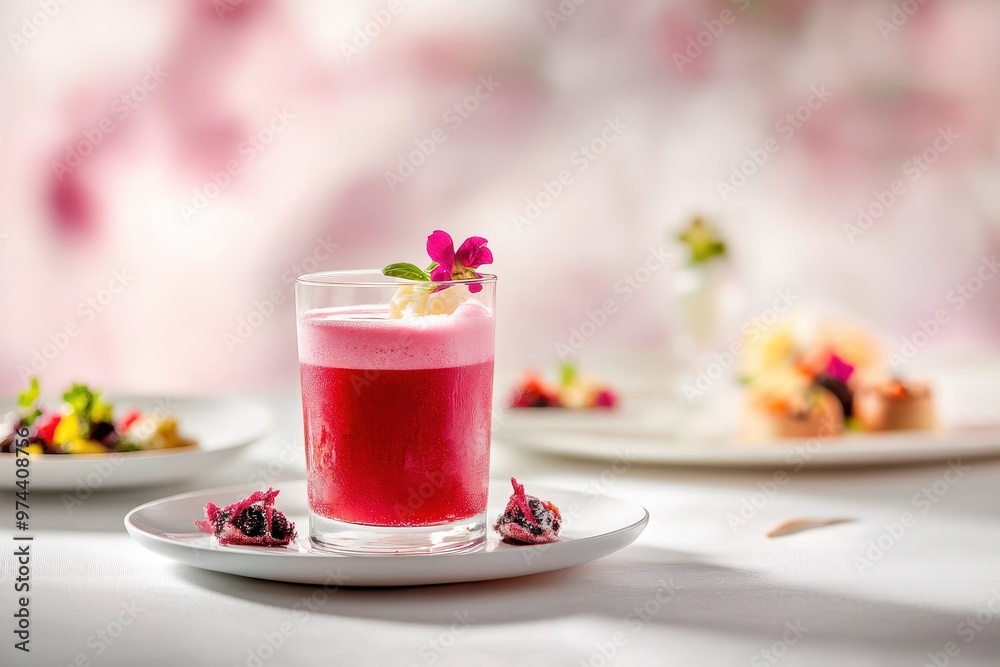 A vibrant pink cocktail garnished with a flower, surrounded by elegant dishes. A vibrant pink cocktail garnished with a flower, surrounded by elegant dishes.