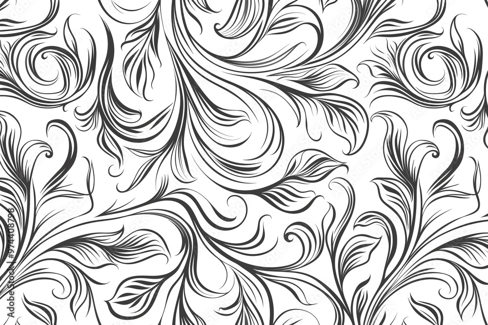 Monochrome abstract floral pattern with thin lines and scrolls on white background Monochrome abstract floral pattern with thin lines and scrolls on white background