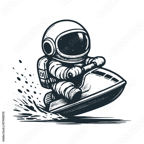Cute astronaut riding a speedboat. Black white vector. Icon and logo illustration.