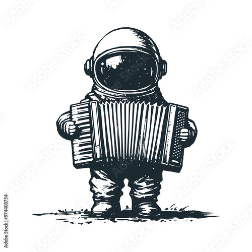 Cute astronaut chef hold a accordion. Black white vector. Icon and logo illustration.