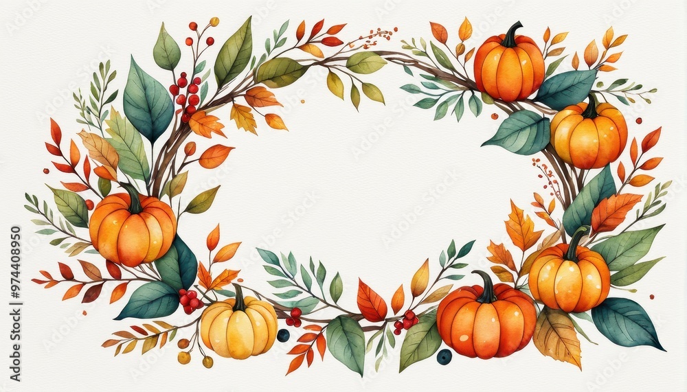Obraz premium A decorative autumn-themed illustration featuring pumpkins and colorful foliage.