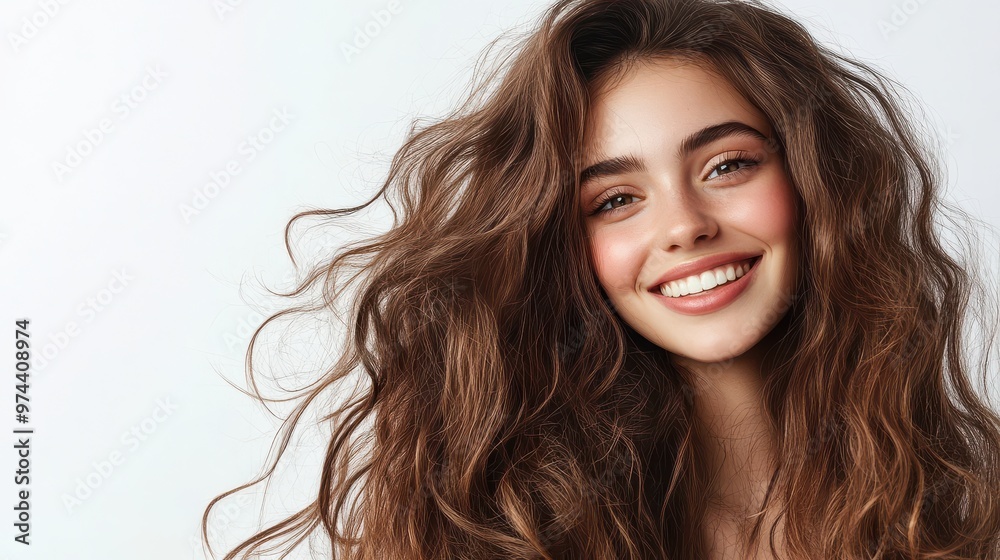 A Cheerful Woman with Long Shiny Curls Posing Elegantly for Fashion and Lifestyle Photography A Cheerful Woman with Long Shiny Curls Posing Elegantly for Fashion and Lifestyle Photography