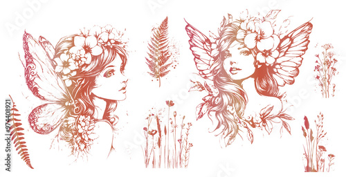 Magical Fairies - Silhouettes of little fairy girls surrounded by butterflies and plants illustrations. Various grasses and plants for magical fairy kingdoms. Fantasy characters for magical designs.