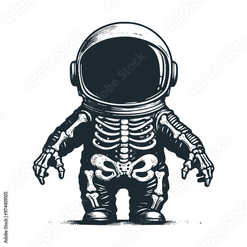 Cute astronaut showing his skull bones . Black white vector icon and logo illustration.