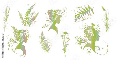 Magical Fairies - Silhouettes of little fairy girls surrounded by butterflies and plants illustrations. Various grasses and plants for magical fairy kingdoms. Fantasy characters for magical designs.