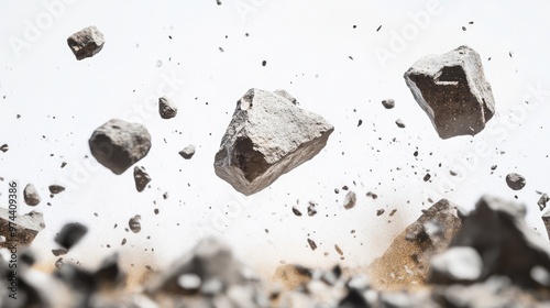 Close-up of flying stones and dust particles on a white background, illustrating a dramatic rock explosion effect.