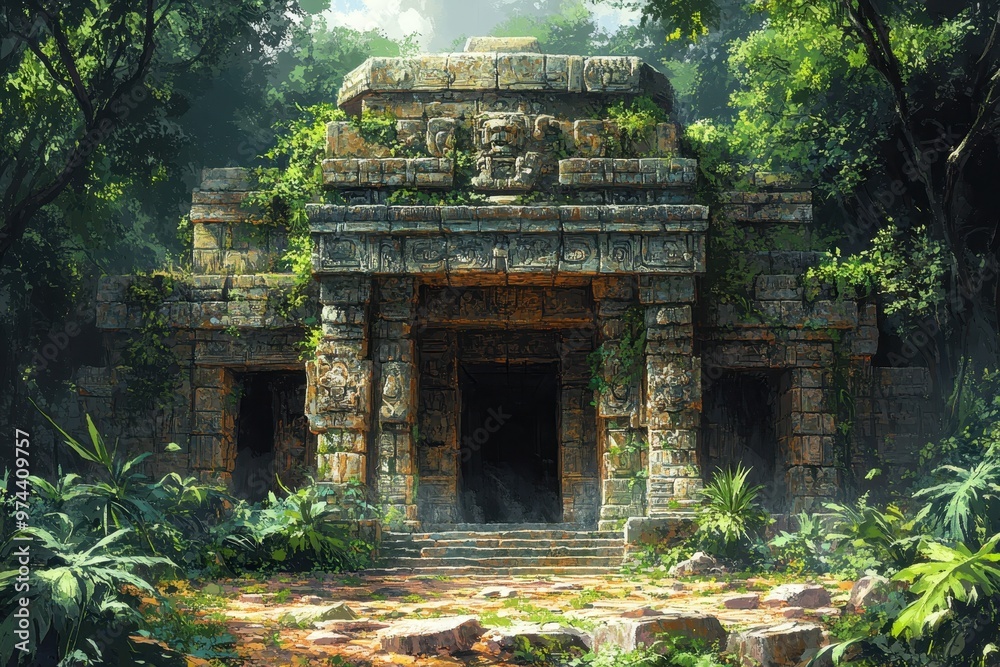 Ancient Jungle Temple in 16-Bit Retro Style with Crumbling Walls and Pixelated Wildlife Surrounded by Vines in Earthy Tones Ancient Jungle Temple in 16-Bit Retro Style with Crumbling Walls and Pixelated Wildlife Surrounded by Vines in Earthy Tones
