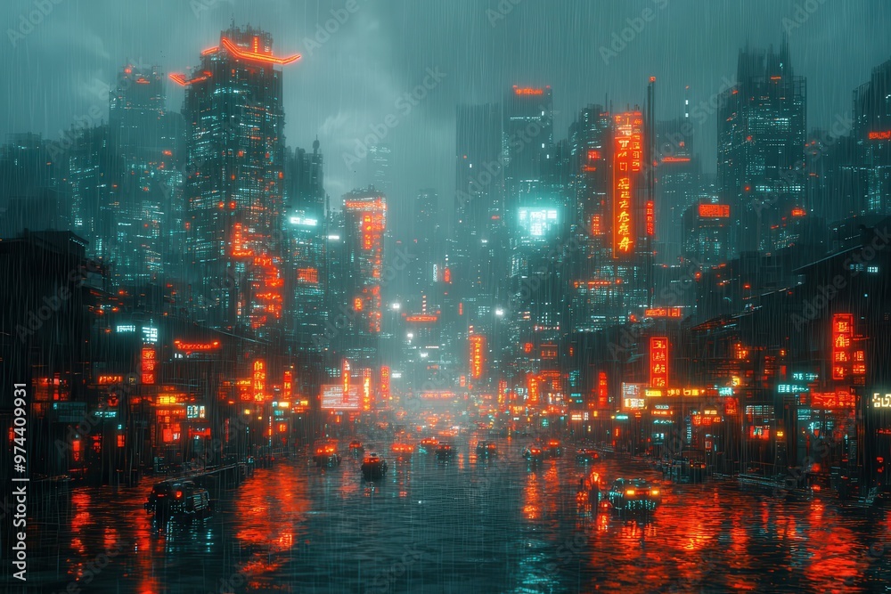 Fototapeta premium Futuristic Cyberpunk Cityscape: Retro 16-Bit Pixelated Neon Lights in Vibrant Hues with Dark Streets and Clean Layout